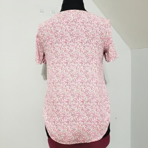 Pink and White Plunge V Neck Short Sleeve High Low Micro Floral Top Size 2 - Picture 3 of 8